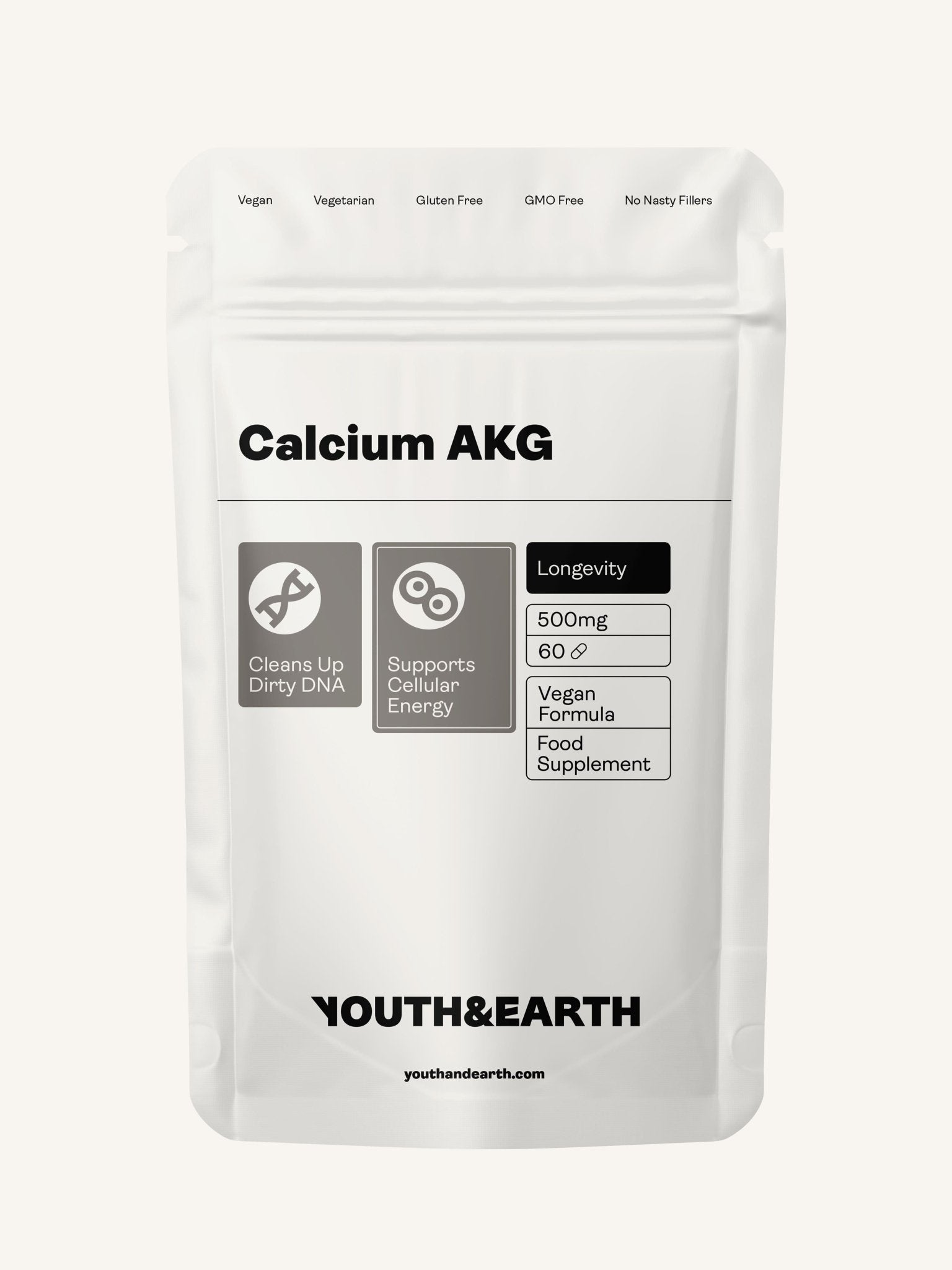 Kalcium-alfa-keto-glutarat (AKG) 500 mg x 60 kapslar - Youth & Earth EU Store
