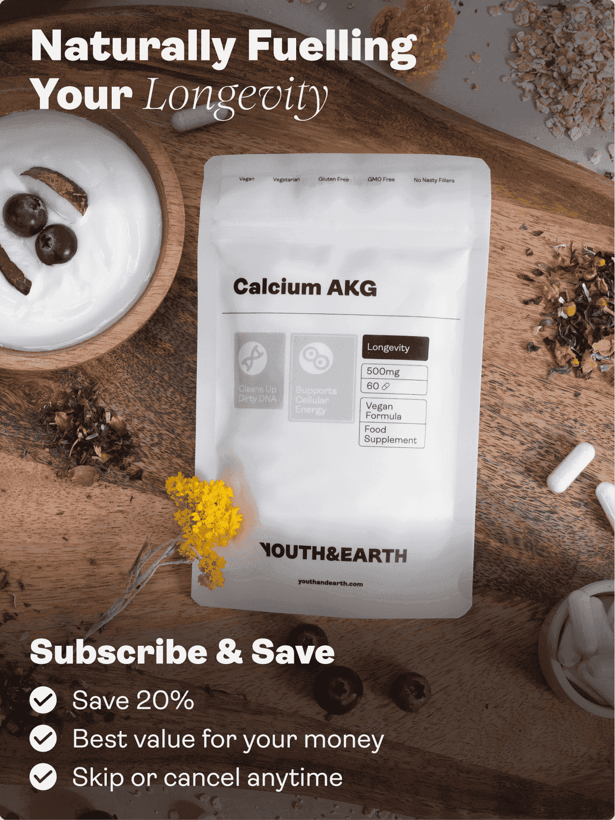 Kalcium-alfa-keto-glutarat (AKG) 500 mg x 60 kapslar - Youth & Earth EU Store