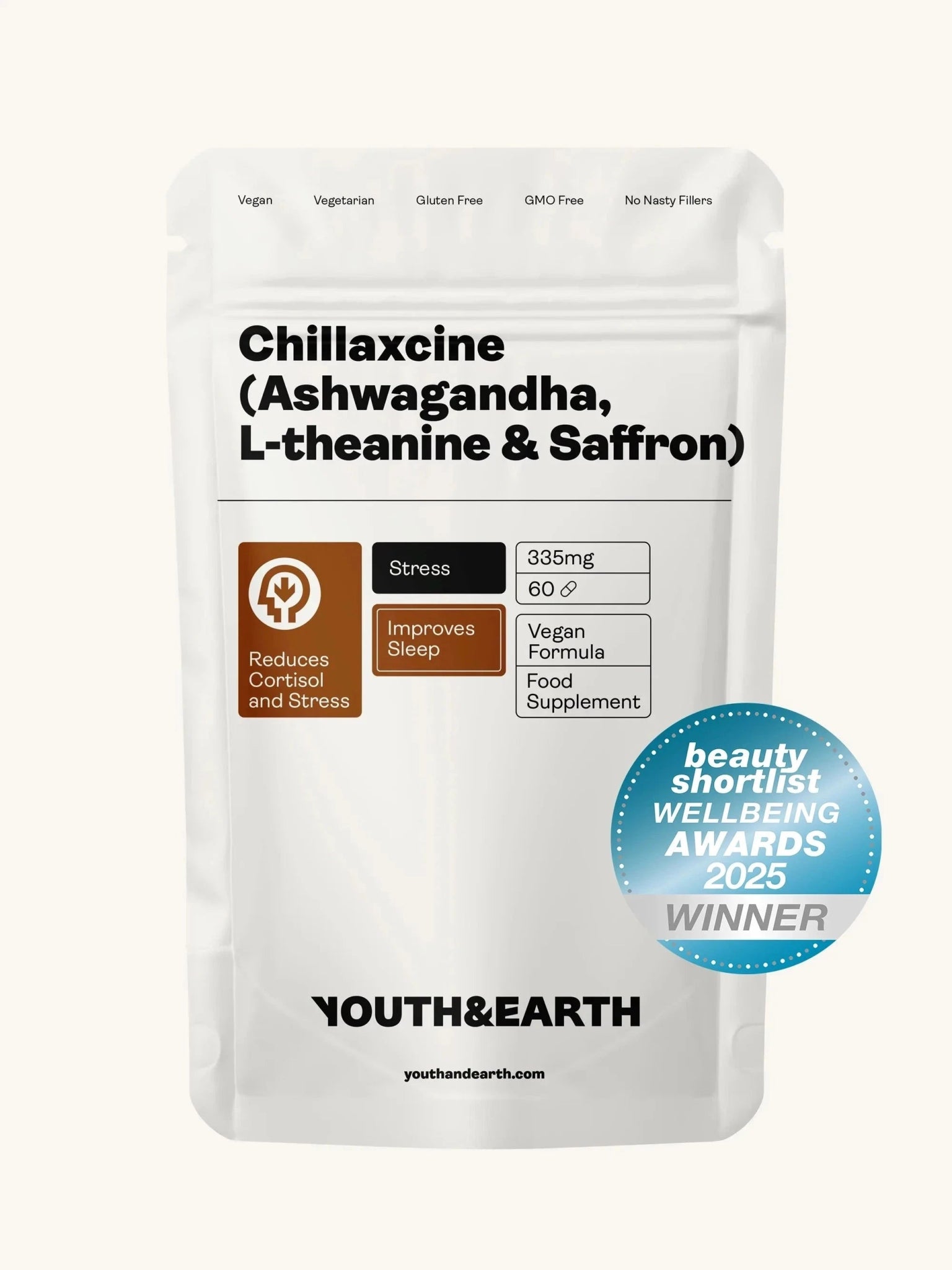 CHILLAXCINE (Ashwagandha, L-theanin och saffran) 335 mg, 60 kapslar - Youth & Earth EU Store