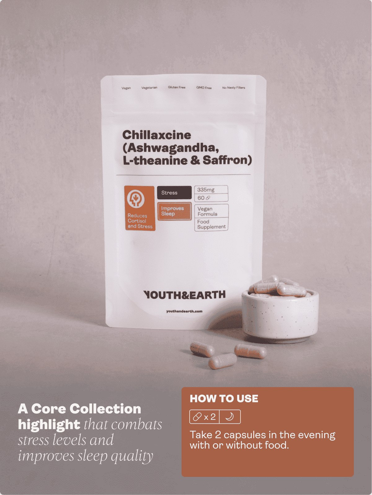 CHILLAXCINE (Ashwagandha, L-theanin och saffran) 335 mg, 60 kapslar - Youth & Earth EU Store