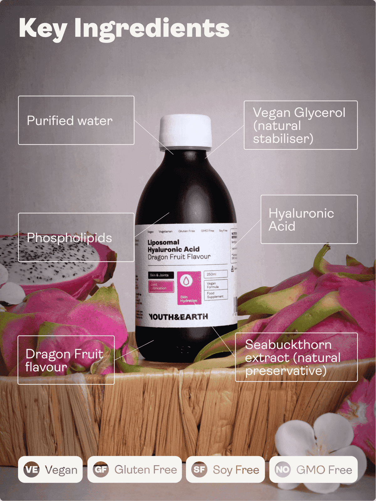 Liposomal hyaluronsyra 100 mg - smak av drakfrukt, 250 ml - Youth & Earth EU Store