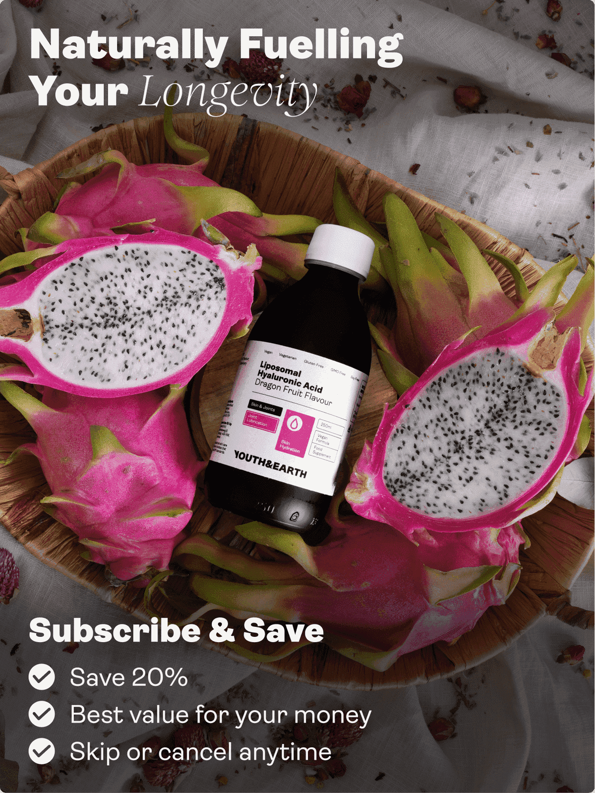 Liposomal hyaluronsyra 100 mg - smak av drakfrukt, 250 ml - Youth & Earth EU Store
