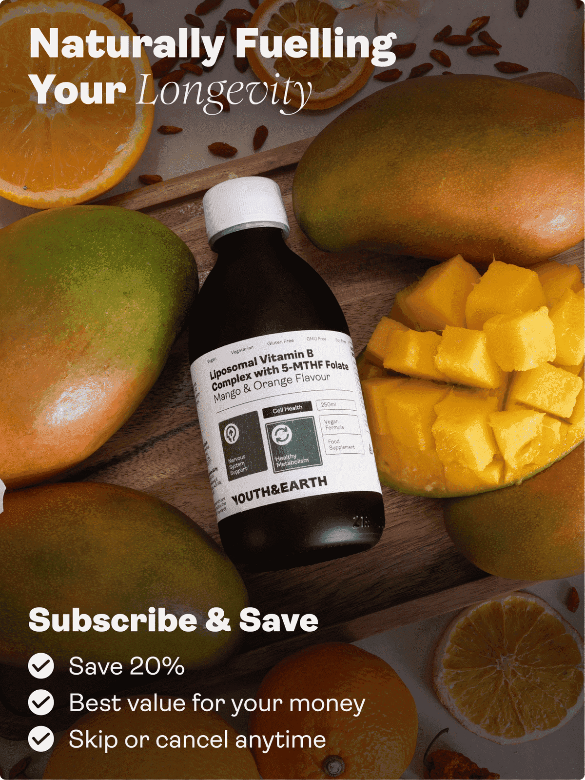 Liposomalt vitamin B-komplex med 5-MTHF Folat (Mango- och apelsinsmak, 250 ml) - Youth & Earth EU Store