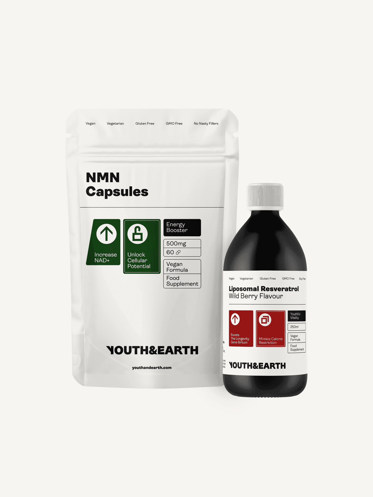 Paket med stöd för lång livslängd (NMN & konservering / NMN & liposomal resveratrol) - Youth & Earth EU Store