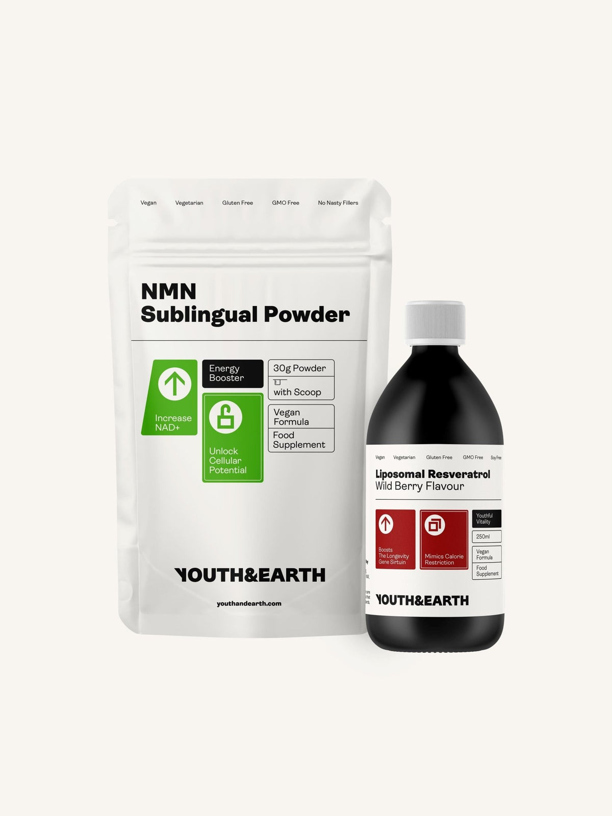 Paket med stöd för lång livslängd (NMN & konservering / NMN & liposomal resveratrol) - Youth & Earth EU Store