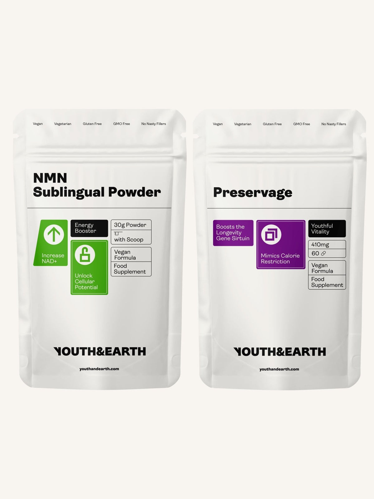 Paket med stöd för lång livslängd (NMN & konservering / NMN & liposomal resveratrol) - Youth & Earth EU Store