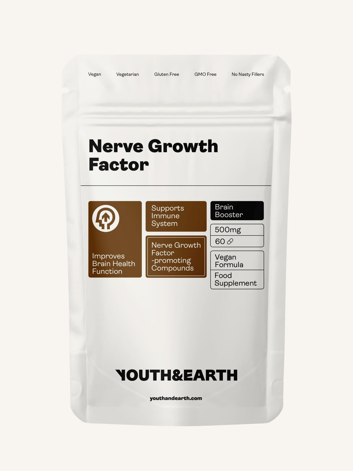 Nervtillväxtfaktor (fullspektrum lejonhuvudsvamp, rhodiola, ginseng, bioperin) - 500 mg, 60 kapslar - Youth & Earth EU Store