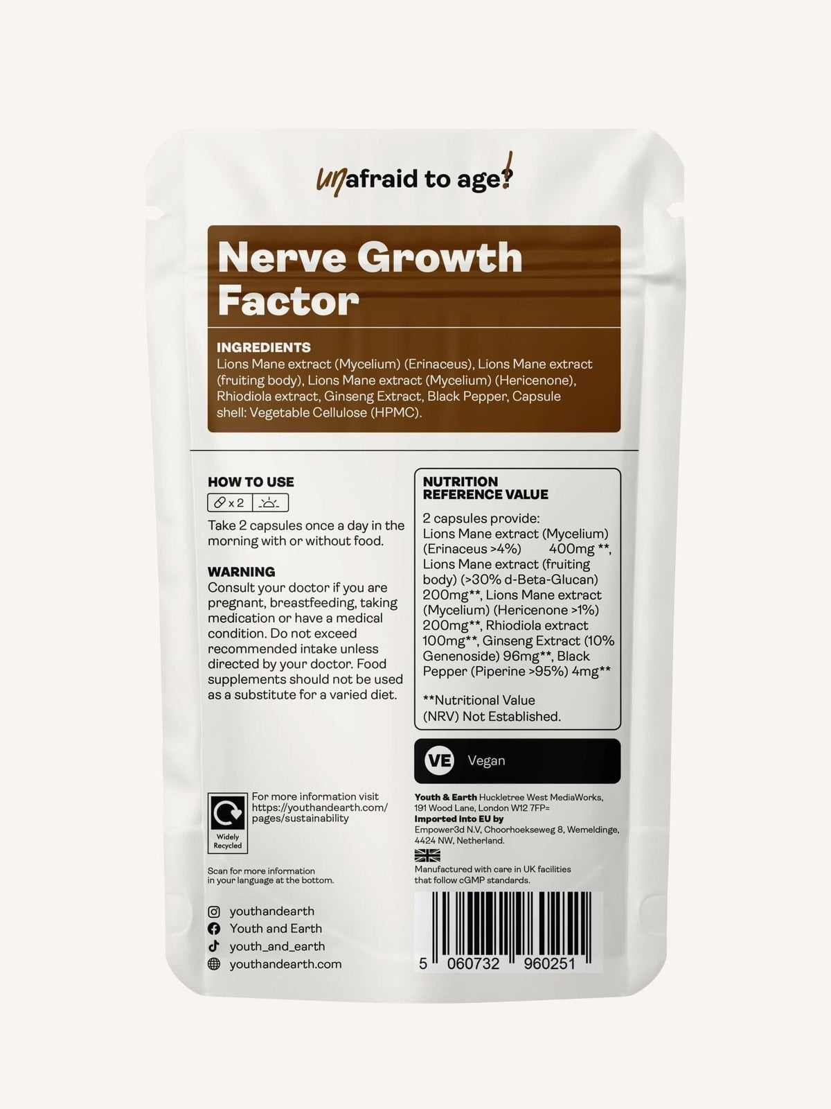Nervtillväxtfaktor (fullspektrum lejonhuvudsvamp, rhodiola, ginseng, bioperin) - 500 mg, 60 kapslar - Youth & Earth EU Store